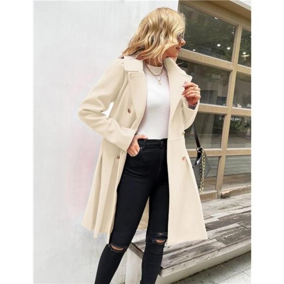 Women's Fashion Trench Coat Notch Lapel Double Breasted Cream - Picture 3 of 5